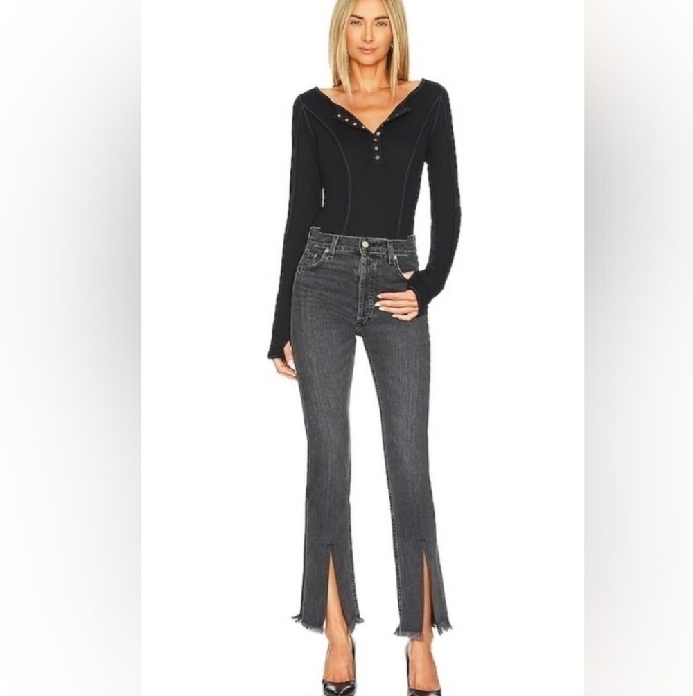 Free People SLOANE Bodysuit Black Top Long Sleeve Henley NEW! - Picture 4 of 6
